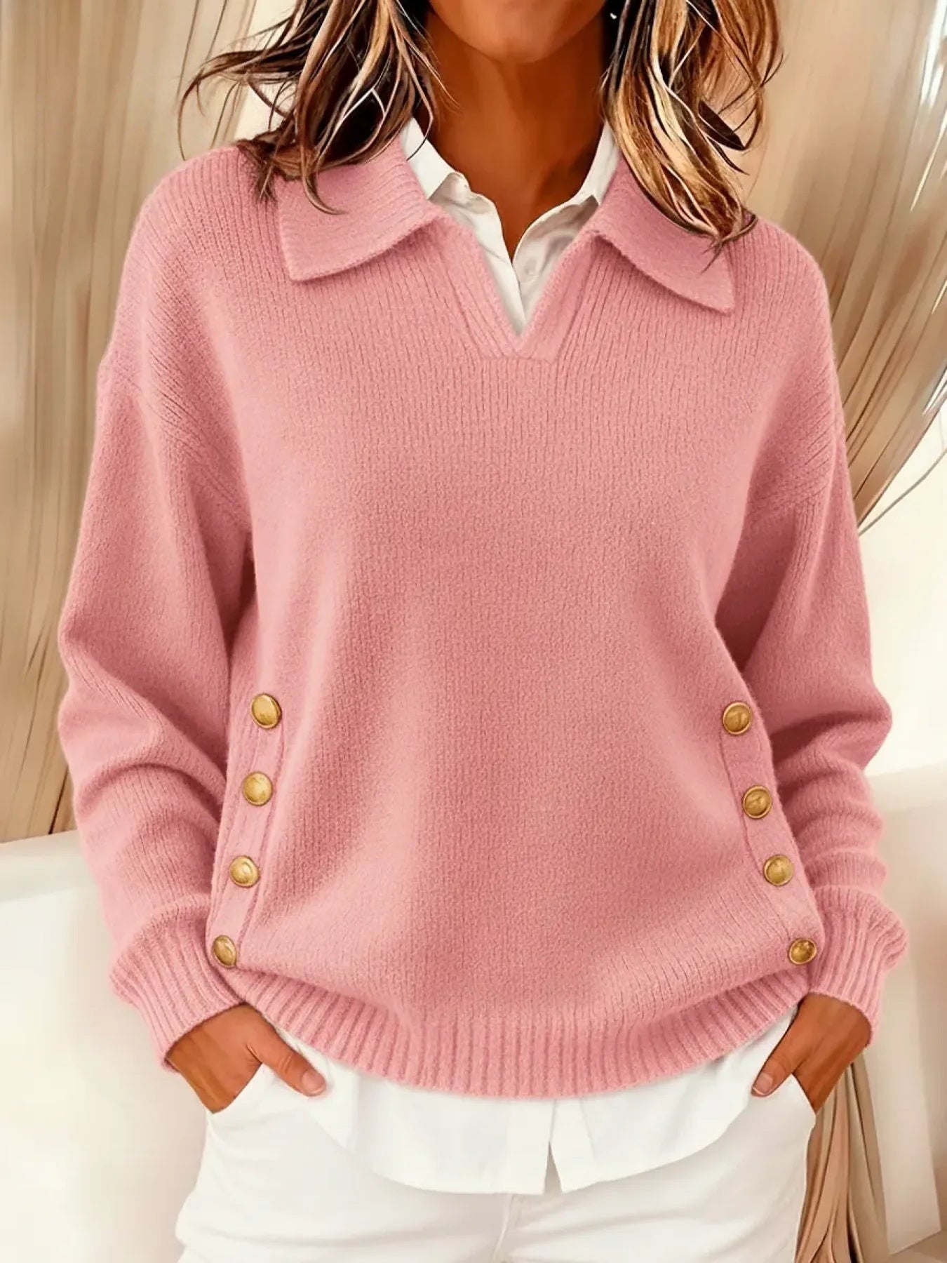 LORAYNE™|CHIC PINK POLO SWEATER