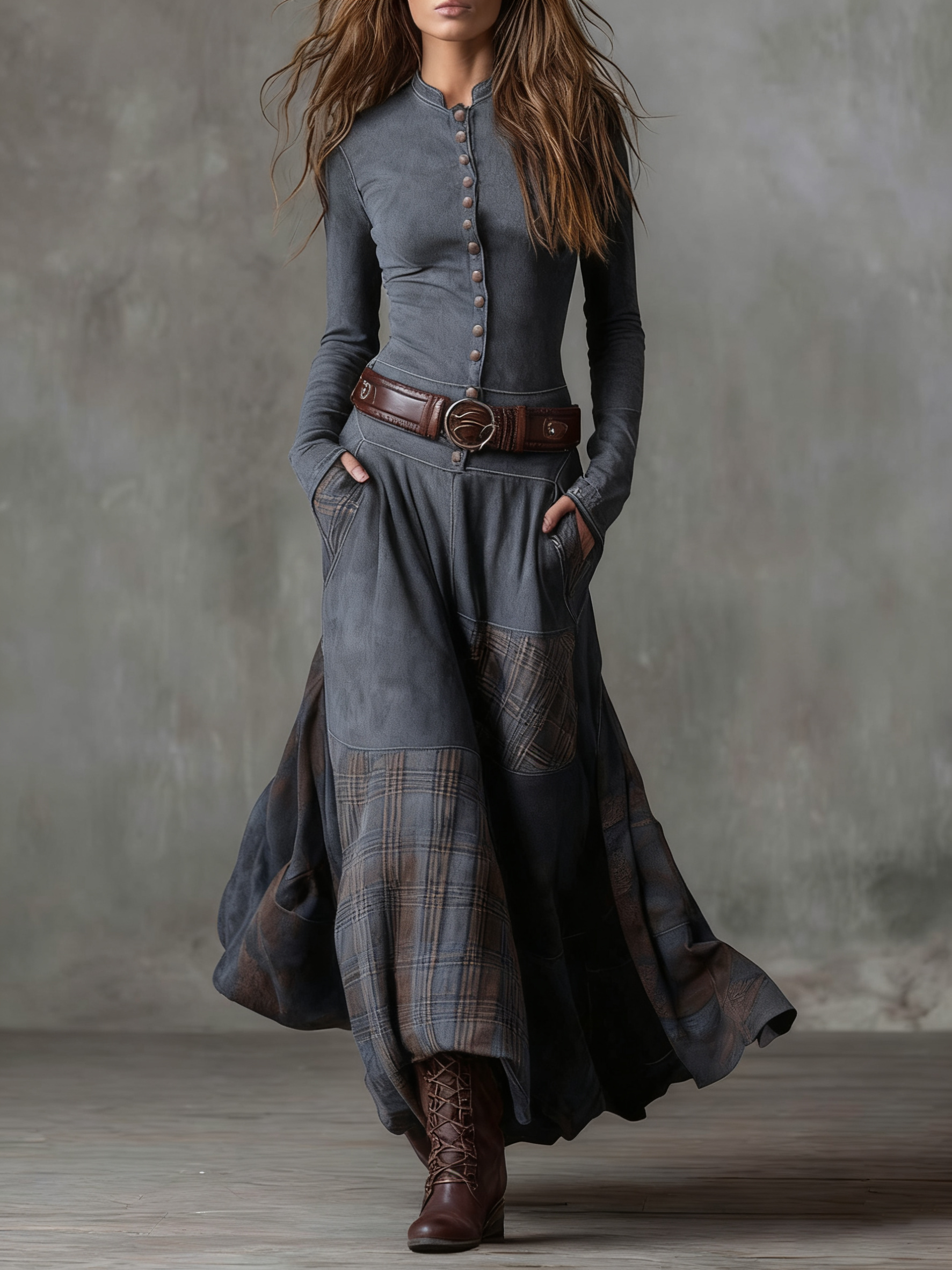 VALERIA™|VINTAGE NAVY CHECK MAXI DRESS
