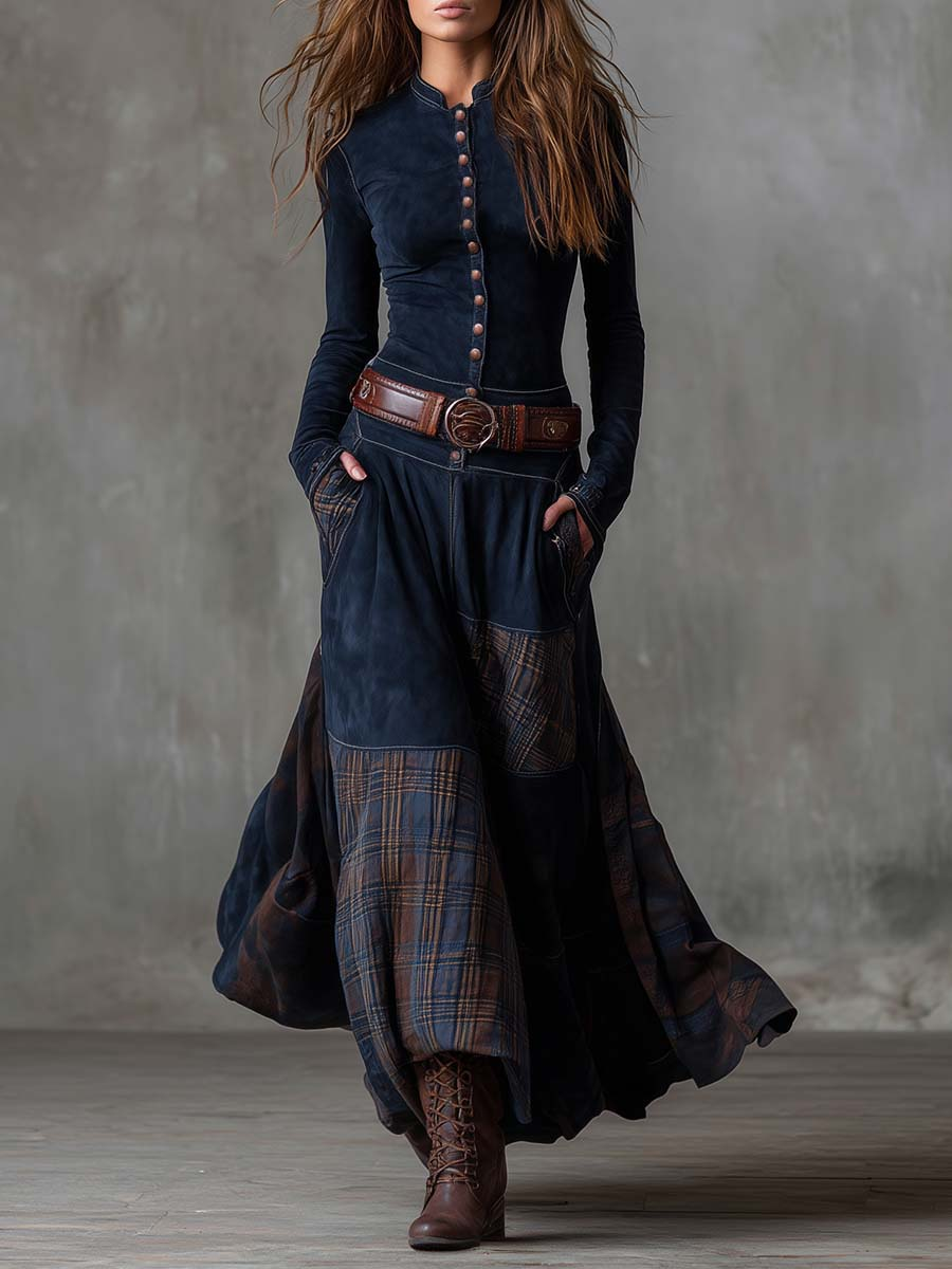 VALERIA™|VINTAGE NAVY CHECK MAXI DRESS
