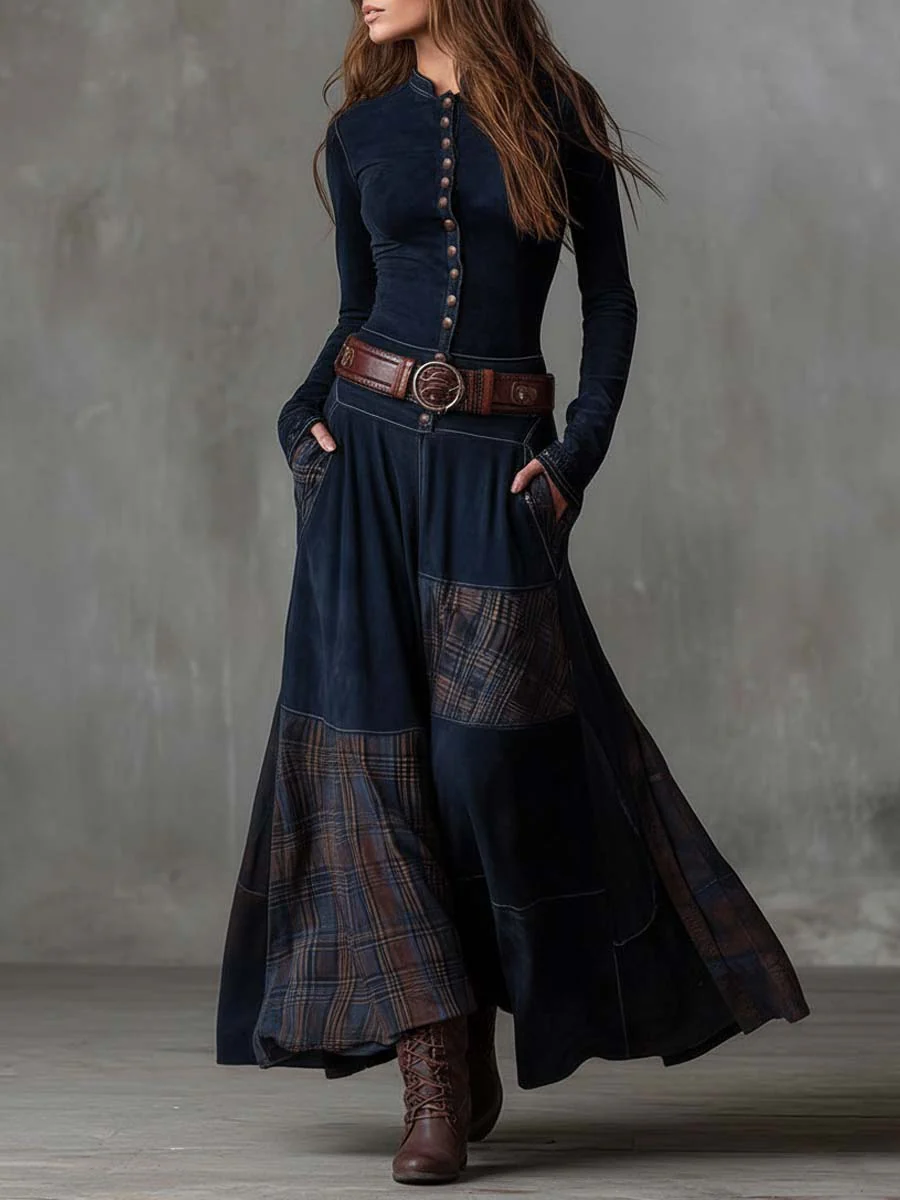 VALERIA™|VINTAGE NAVY CHECK MAXI DRESS
