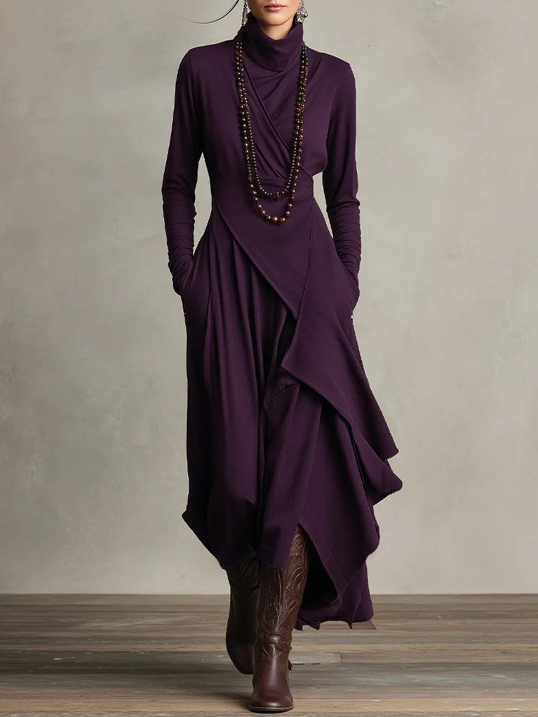 GENEVIEVE™|PLEATED ASYMMETRIC HIGH COLLAR MAXI DRESS
